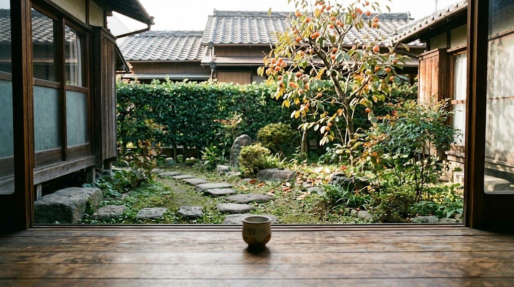古い木造家屋の縁側から眺めた小さな庭。飛び石の先に実をつけた柿の木と生垣、その奥に瓦屋根の隣家が並び、手前の板張りの縁側に湯呑みが一つ置かれている