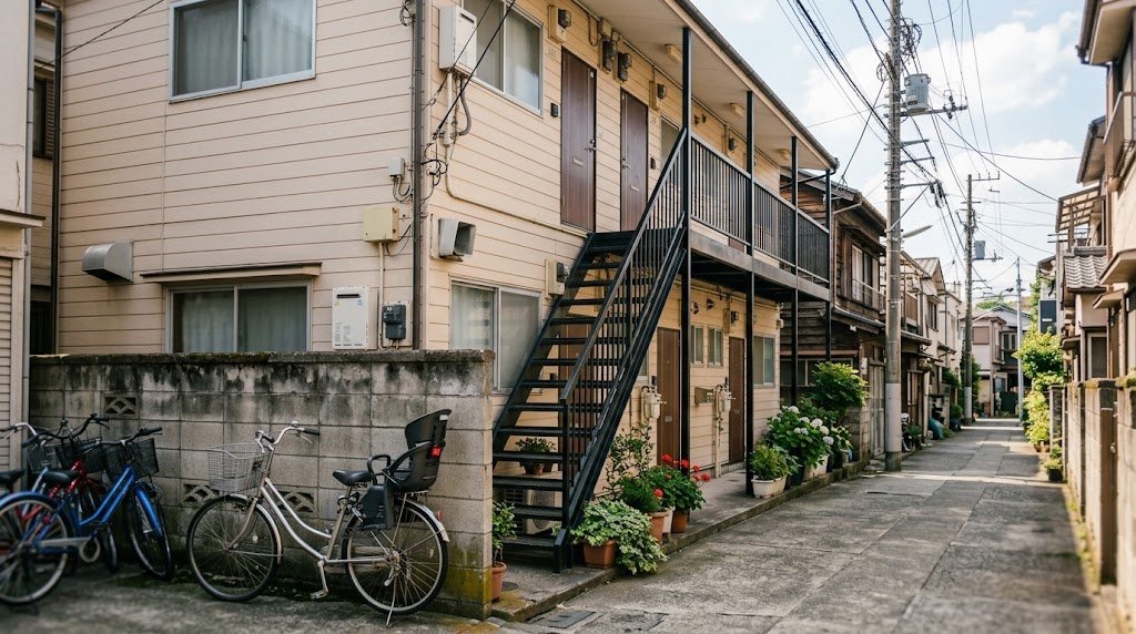 下町の路地に面した淡いベージュのサイディング外壁の木造2階建てアパート。外付けの鉄骨階段が2階の共用廊下へ続き、1階の玄関前には鉢植えの花が並び、手前のブロック塀の前に自転車が止まっている