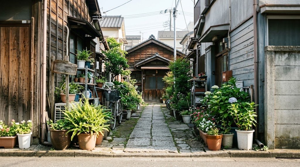 下町の古い住宅地で、道路に面した狭い入口から敷地の奥へ石畳の細い通路がまっすぐ続き、両側に植木鉢が並ぶ。通路の突き当たりに瓦屋根の古い木造家屋が建っている