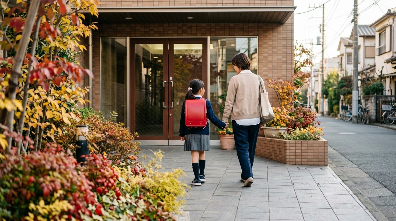 秋の朝、紅葉した植え込みの脇をランドセルを背負った女の子と母親が手をつないで歩く、タイル張りのマンションのエントランス前