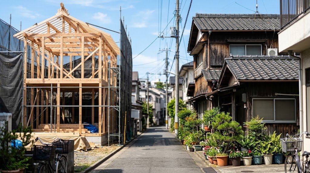 晴れた朝の下町の生活道路。左手で上棟したばかりの木造住宅の新しい骨組みが足場に囲まれて立ち、右手には瓦屋根の古い木造二階建ての家と植木鉢の並ぶ軒先が続いている