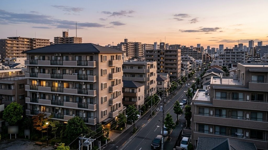 夕方の都市に並ぶ中層マンション