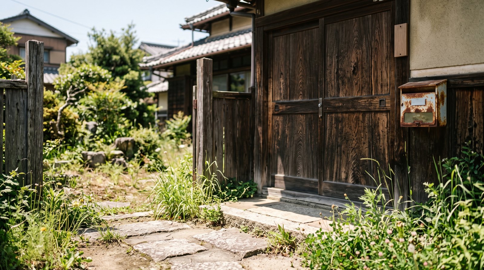 空き家になった奈良の古民家の玄関先。閉じられた木の引き戸と錆びた郵便受け、伸びた雑草