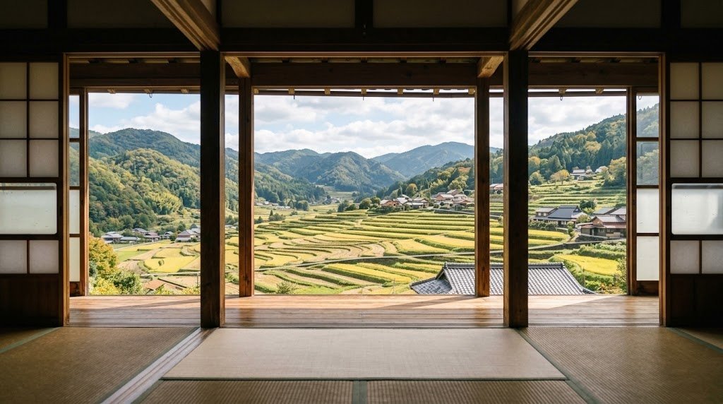 山あいの古い民家の畳の和室から、開け放した建具と縁側越しに初秋の棚田と山並み、点在する瓦屋根の家々を望む