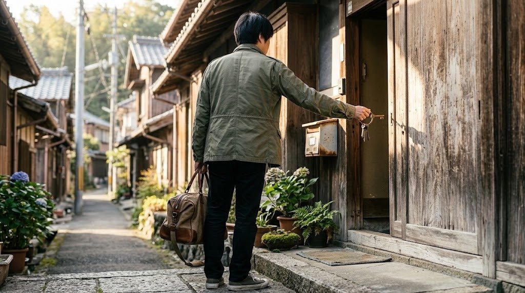 旅行かばんを提げた人物が古い戸建ての木戸に鍵を差し入れる後ろ姿