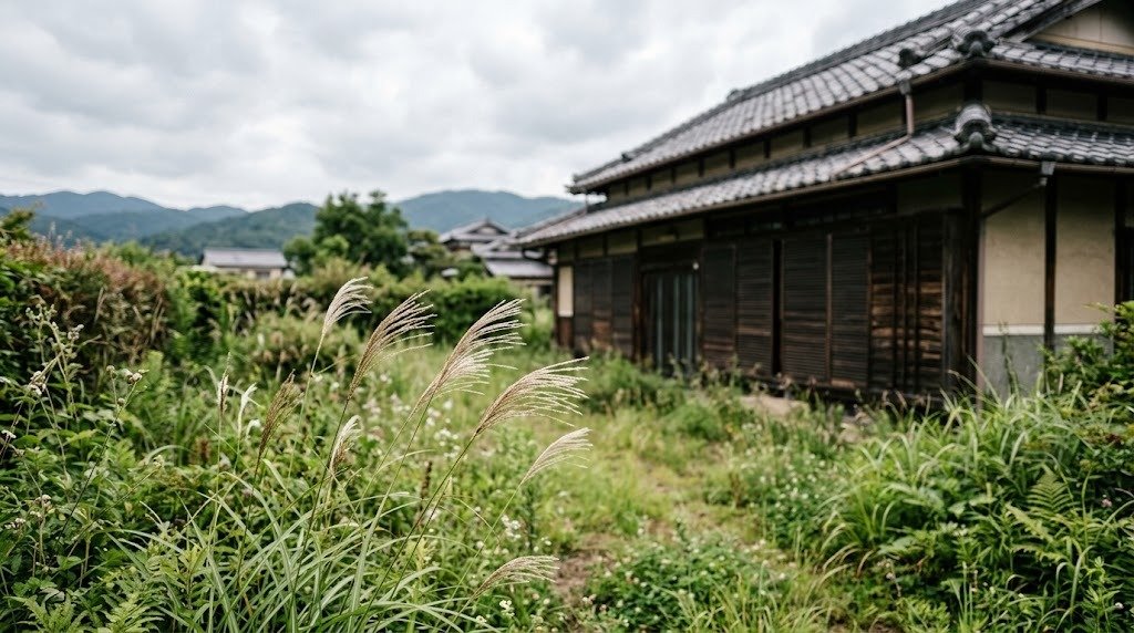 膝丈まで草が伸びた庭越しに見る、雨戸を閉じた奈良の空き家