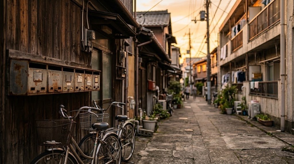 夕方の路地に並ぶ木造長屋の郵便受けと自転車、右手は古い賃貸アパート