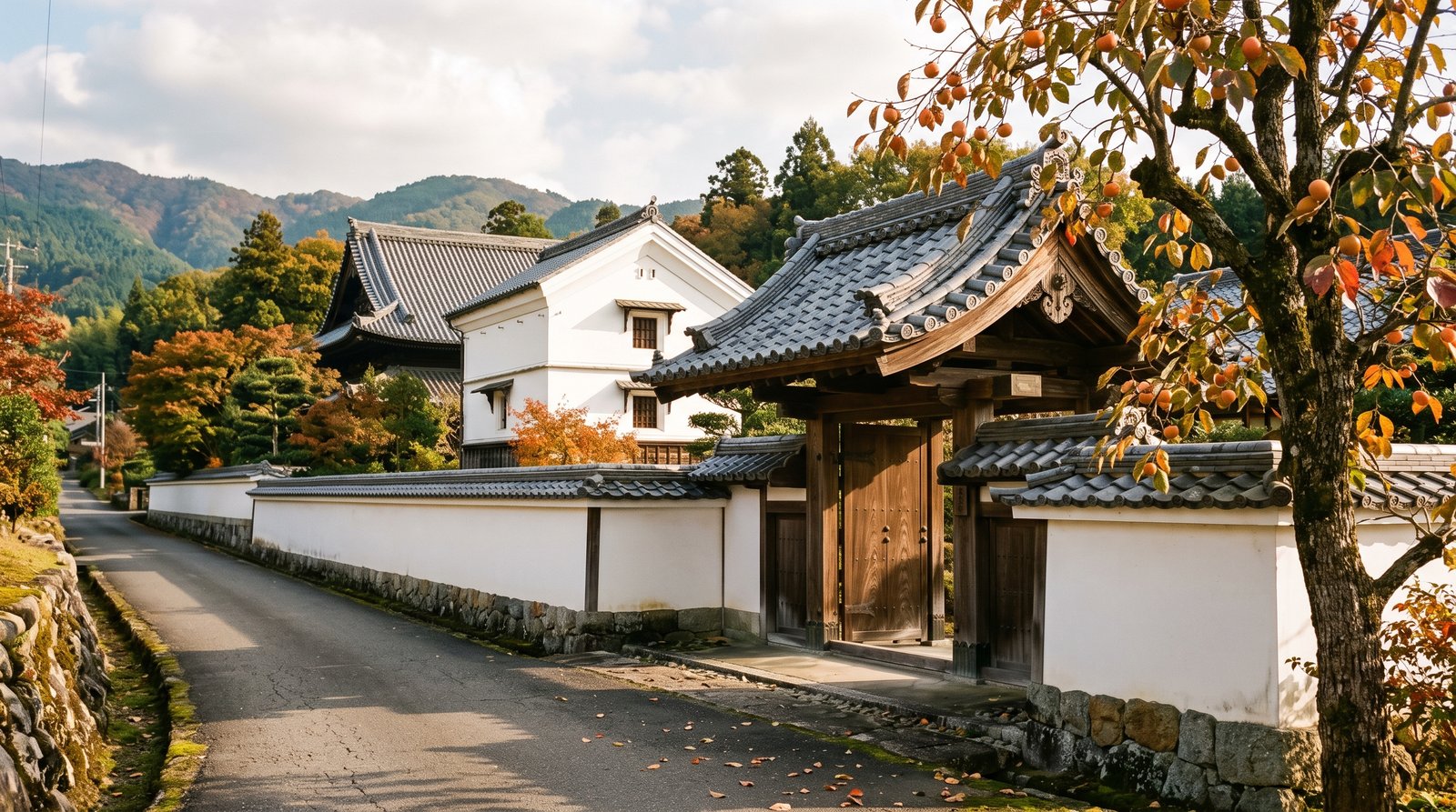 秋の奈良盆地の集落。長く続く白壁の土塀と瓦屋根の門、塀の奥に白壁の蔵と母屋の大屋根、手前に実をつけた柿の木