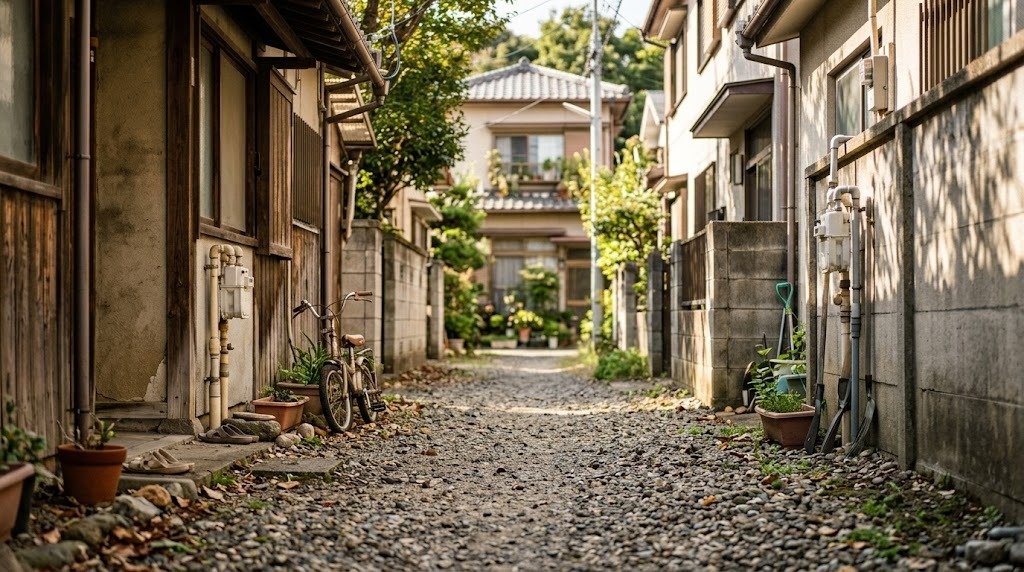 住宅の間を細長く奥へ伸びる旗竿地の通路。手前の砂利と突き当たりの建物
