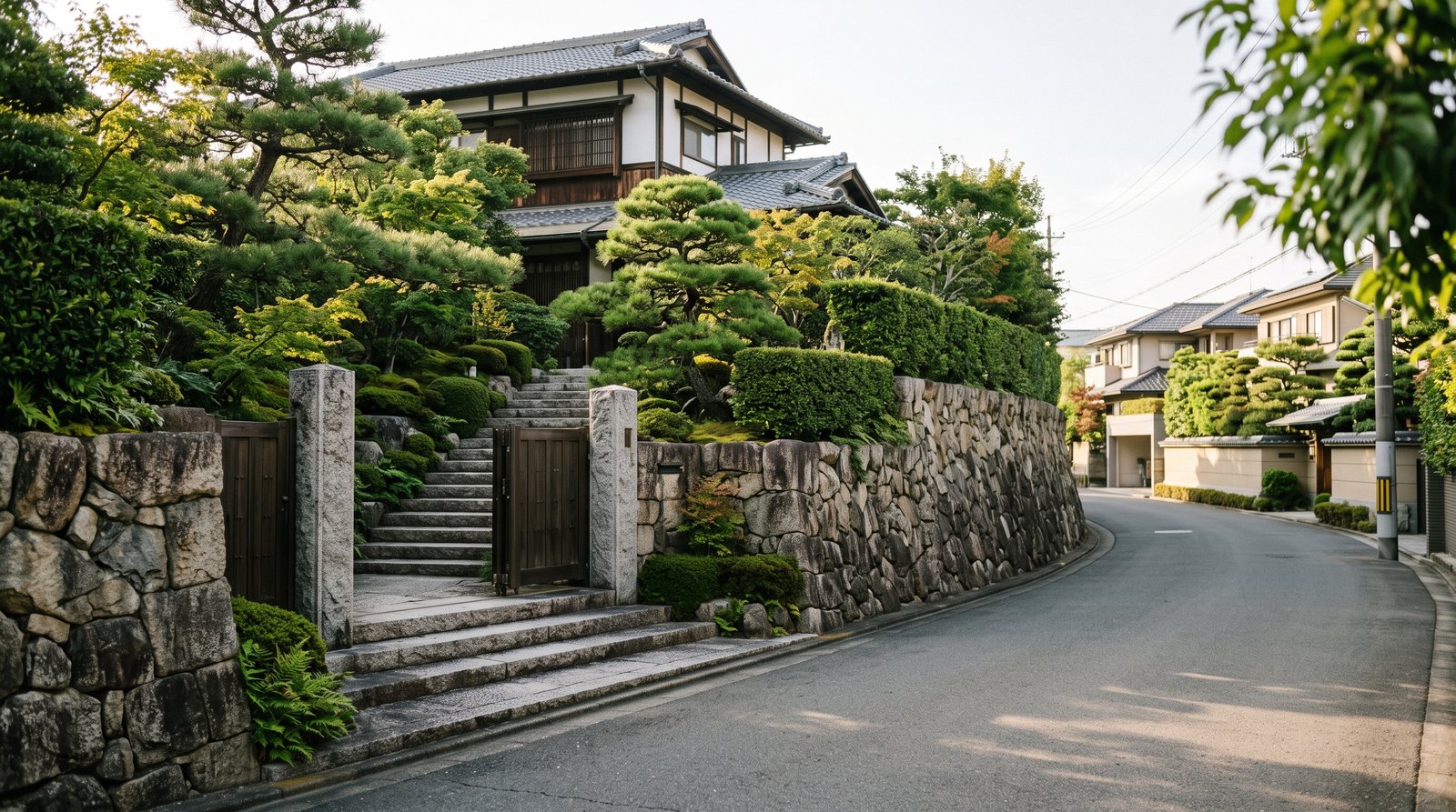 道路沿いに続く古い石積みの擁壁と、その上に建つ広い敷地の和風住宅。手前に御影石の門柱と階段、刈り込まれた生垣と松の木