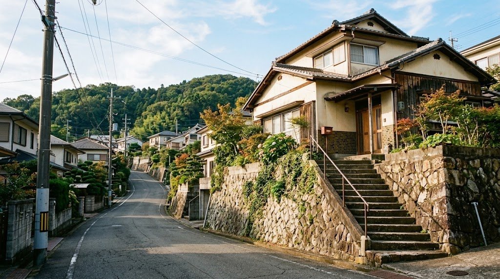 丘陵地を造成した住宅団地の坂道。石積みの擁壁の上に建つ築年数の経った木造2階建て住宅と、道路から玄関へ続くコンクリートの階段