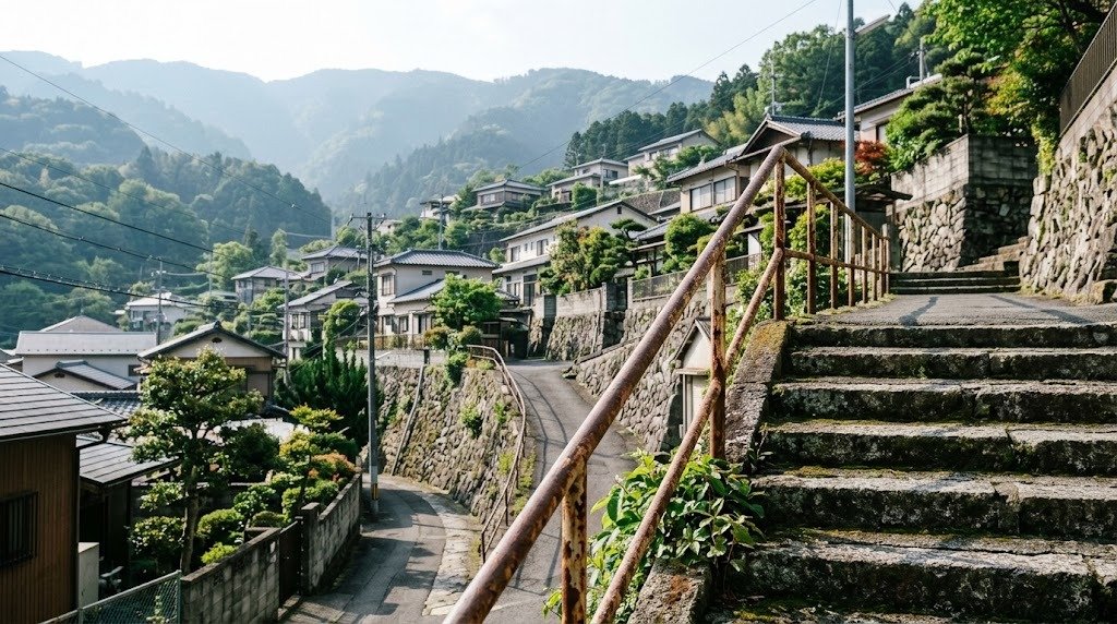 生駒山の斜面に石積み擁壁で段状に築かれた住宅地と手前の石段