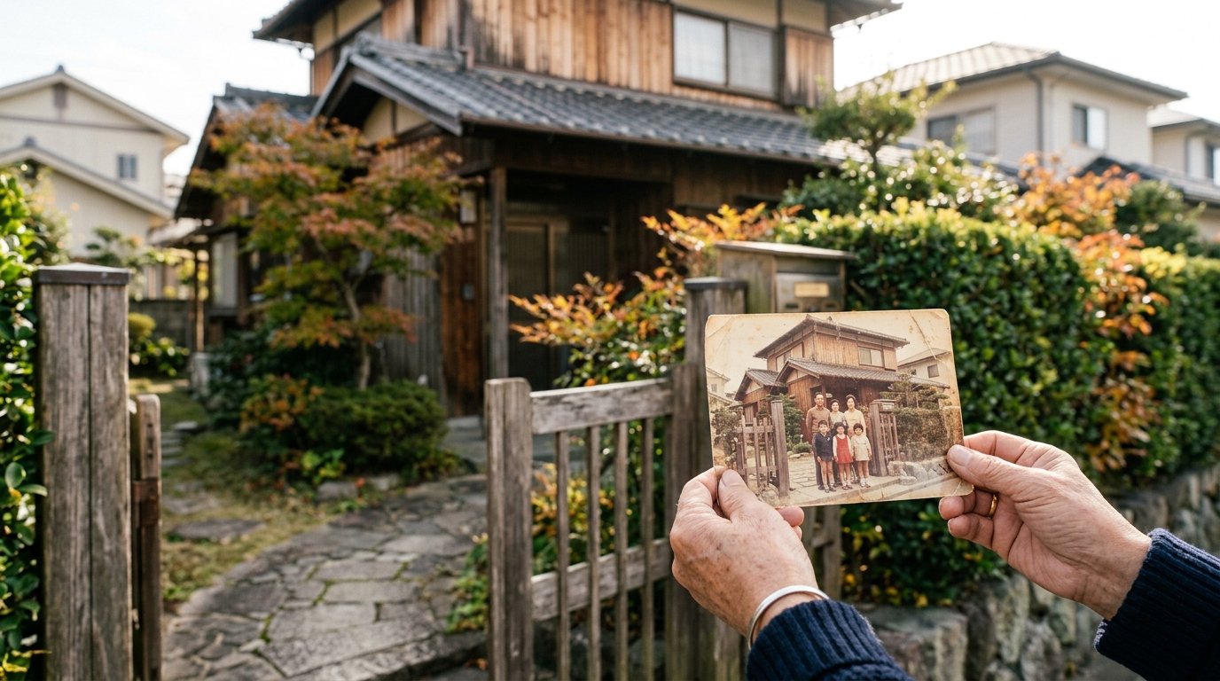 秋の朝、奈良の郊外住宅地に建つ木造二階建ての家の門の前で、同じ家と家族が写った色あせた古い写真を両手で掲げている手元