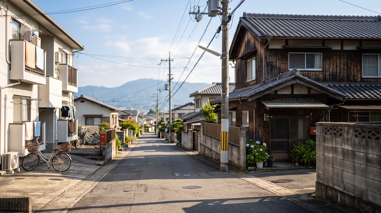 朝の光が差す奈良の郊外住宅地の細い道。右手に瓦屋根の木造二階建て住宅、左手に洗濯物の干された小さな二階建てアパートが向かい合い、道の奥に低い山並みが見える