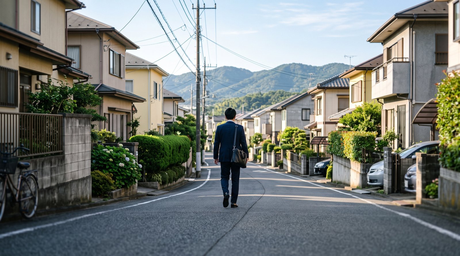 朝の住宅街のゆるやかな坂道を、通勤かばんを持った人が奥へ歩いていく後ろ姿。両側に生垣とブロック塀の戸建住宅、遠景に低い山並み