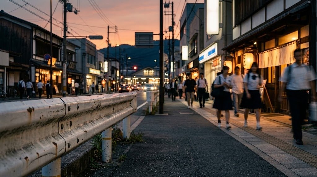 夕暮れに明かりが灯り始めた駅前商業地の歩道とガードレール