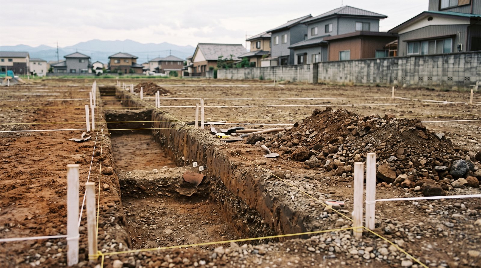 発掘調査中の更地に掘られた試掘のトレンチと土の断面、奥に住宅地と遠景の山並み