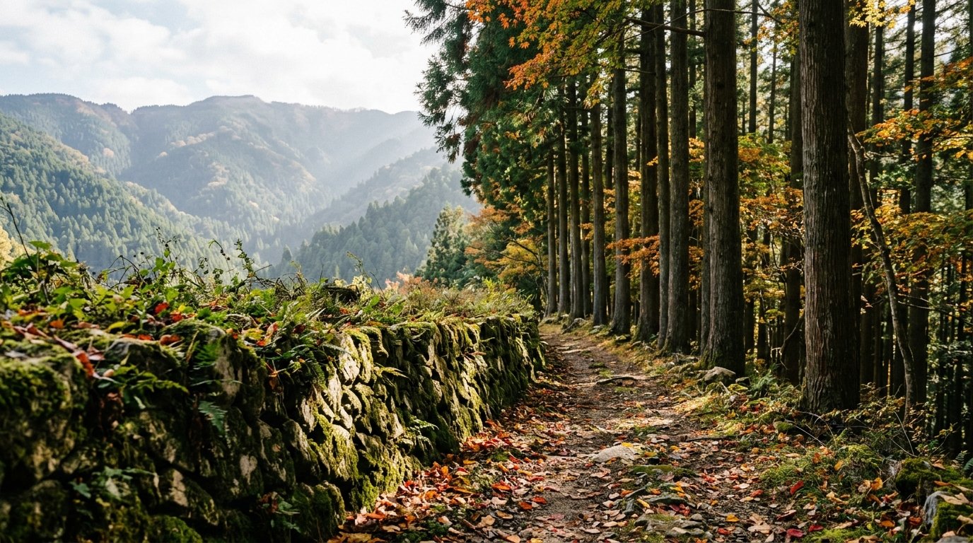 秋の吉野の山あい。苔むした石垣に沿って落ち葉の山道が杉林の中へ続き、左手には谷を挟んで霞む山並みが広がる