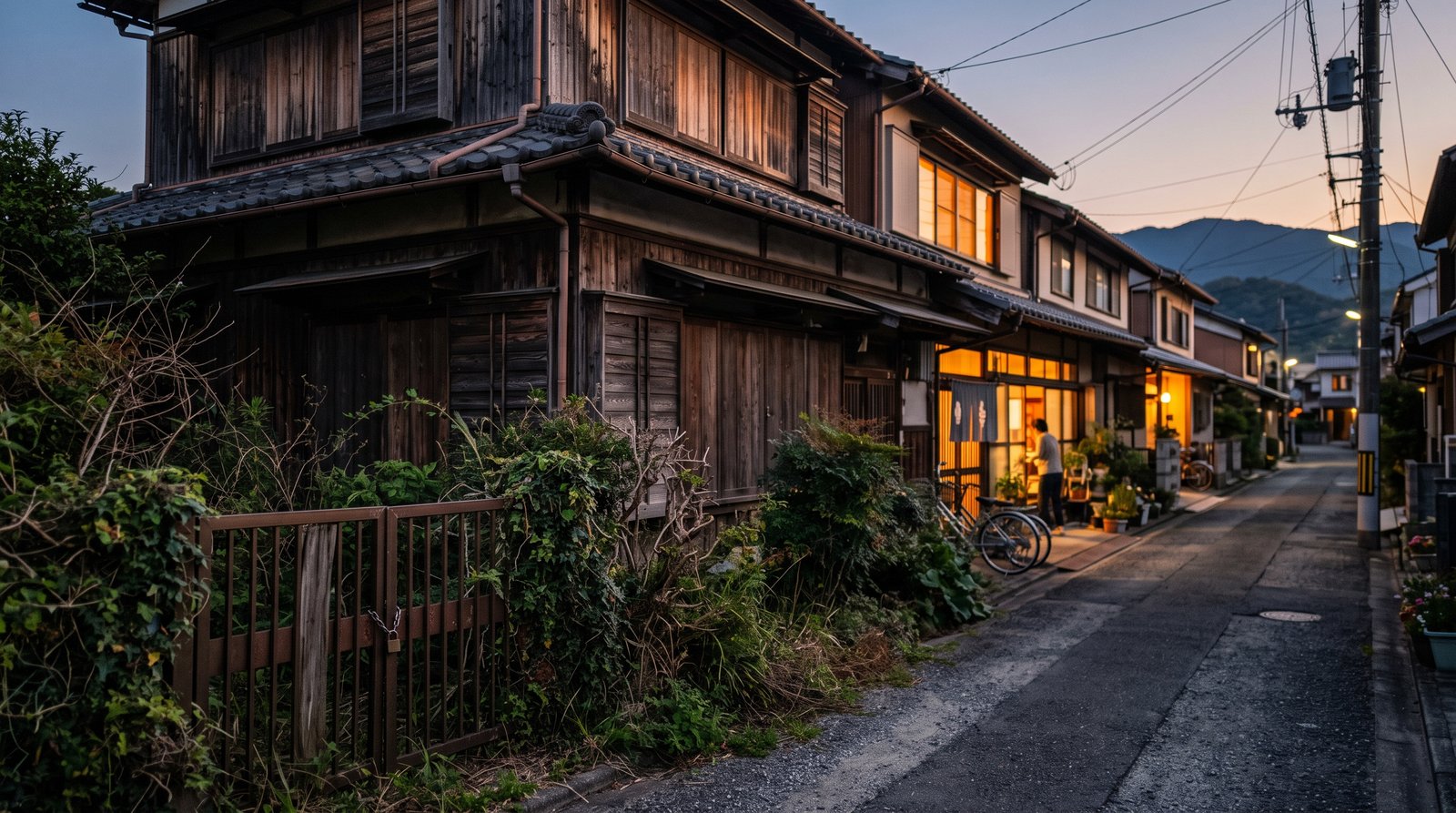 夕暮れの奈良の旧市街の路地。手前に雨戸を閉め切り庭木が伸びた古い木造二階建てが一軒あり、その先には窓に灯りのともった住宅が並び、遠景に低い山並みが見える
