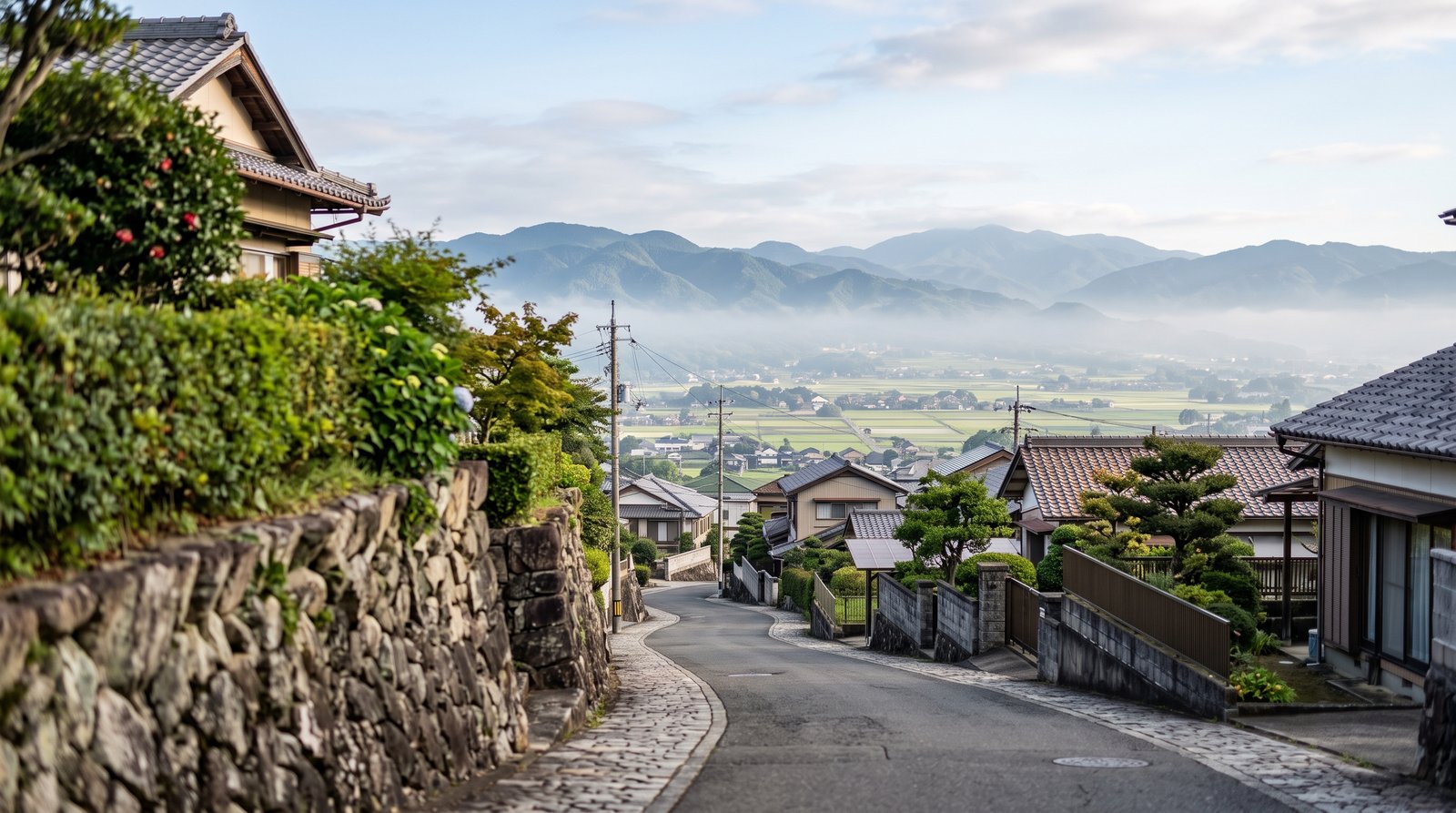 朝もやのかかる盆地を見下ろす丘の住宅地。石積みの擁壁沿いの坂道と、遠景に広がる田園と山並み