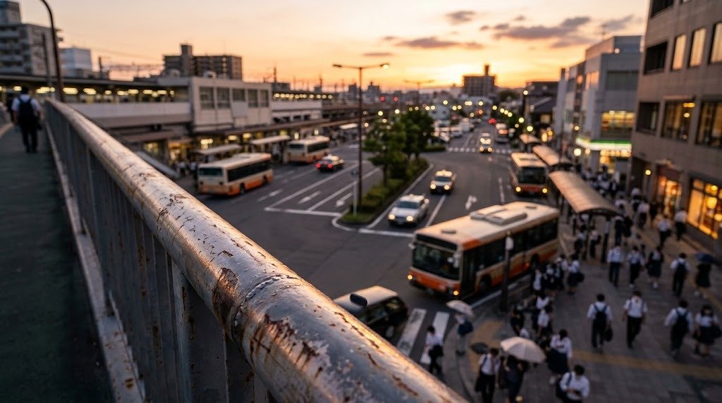 歩道橋から見下ろす夕方の駅前ロータリーとバス乗り場