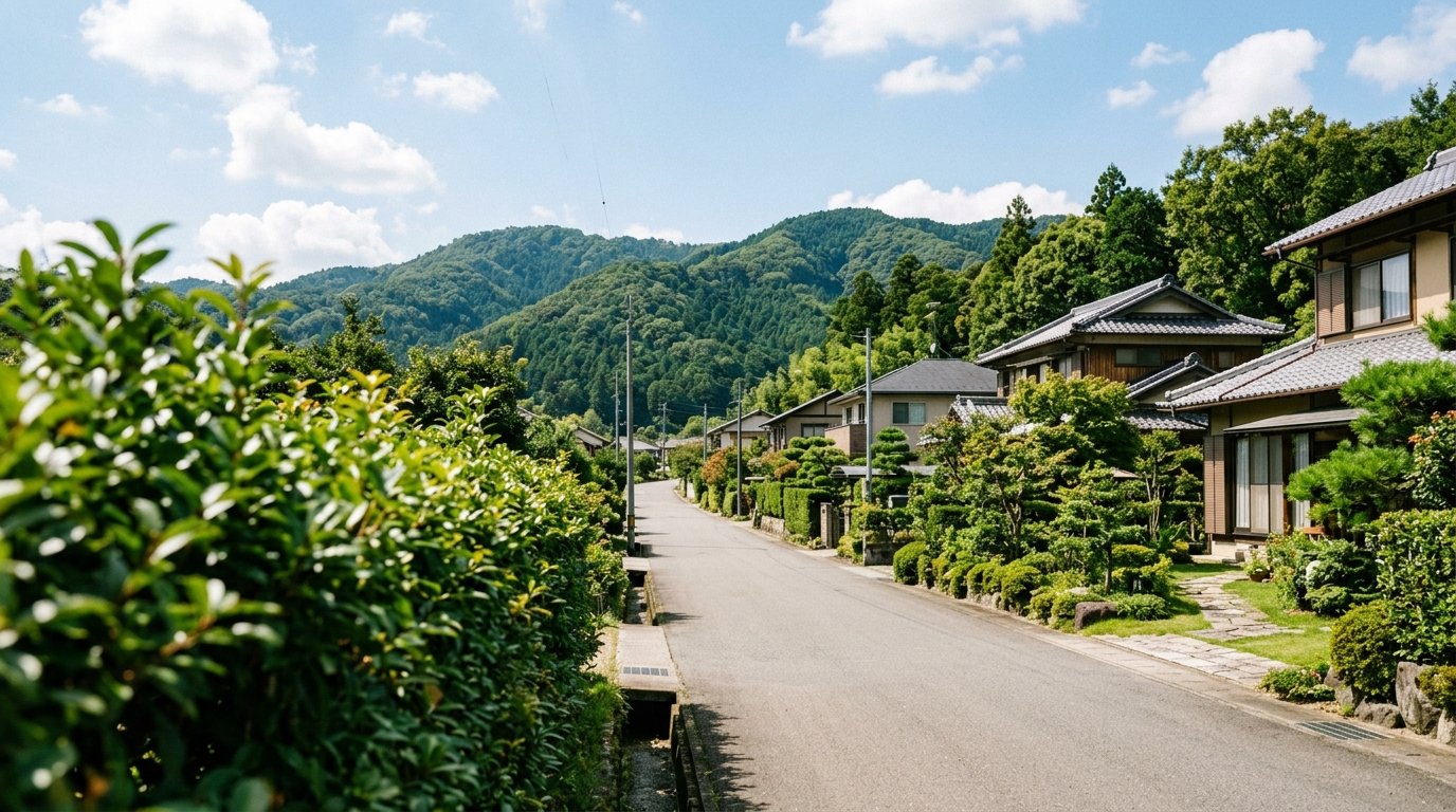 緑の山並みを背景に続く低層住宅地の道。道路から後退して建つ瓦屋根の住宅と、庭木や生垣の豊かな緑