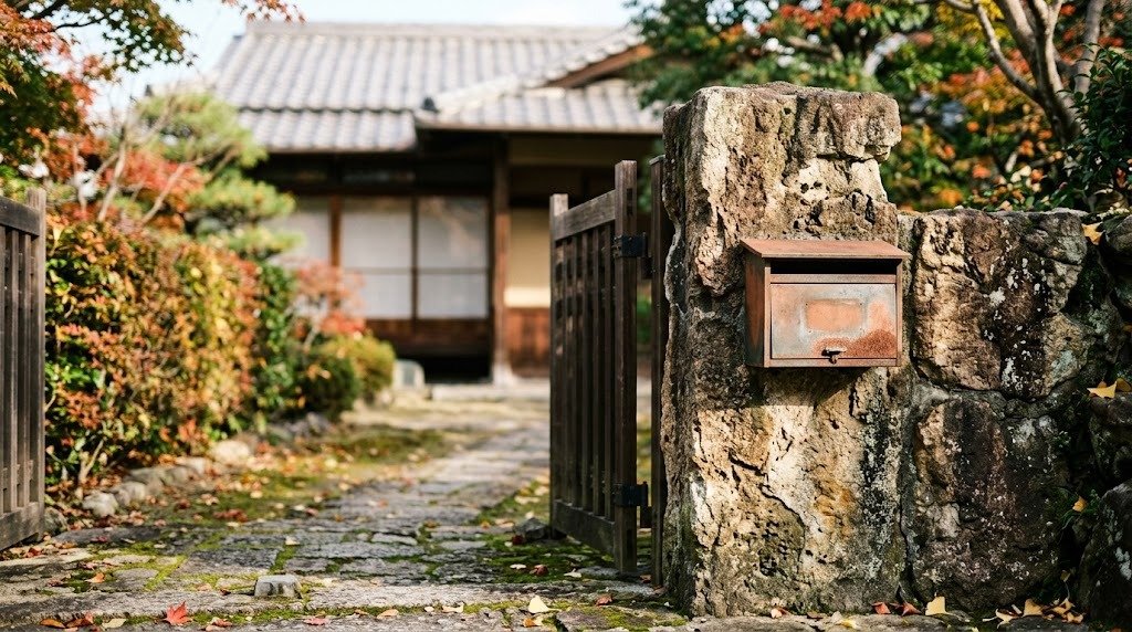 秋の日本家屋の玄関先、古びた石の門柱と郵便受け