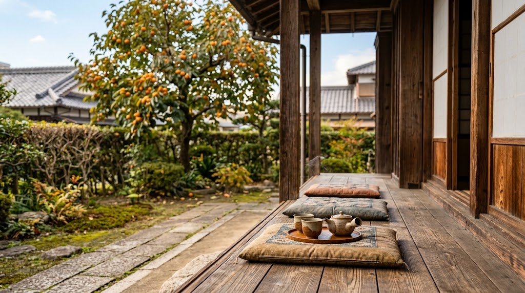 木造住宅の縁側に並ぶ三枚の座布団と急須・湯呑み。庭には実をつけた柿の木と生け垣、奥に瓦屋根の家並み