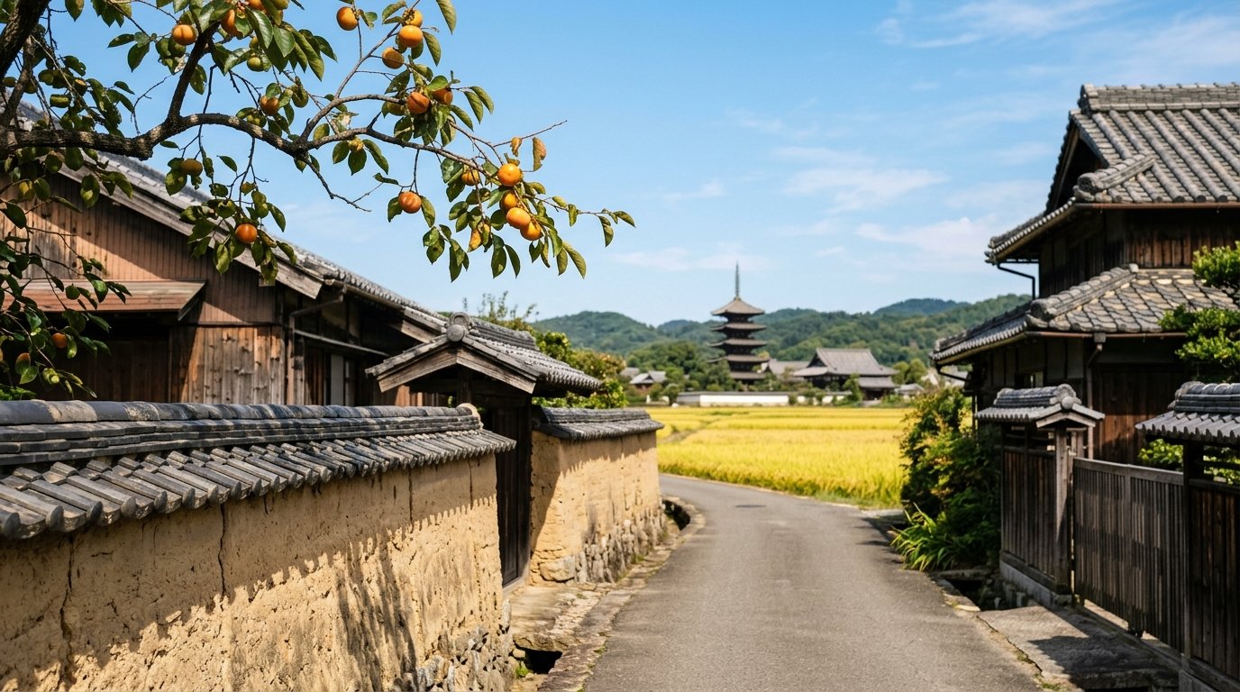 柿の実る枝がかかる土塀と瓦屋根の民家に沿って続く細い道。道の先には黄金色の田んぼが開け、遠くに五重塔と低い山並みが見える