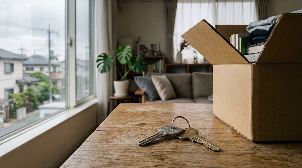 リビングの机に置かれた二つの家の鍵と荷造り中の段ボール箱