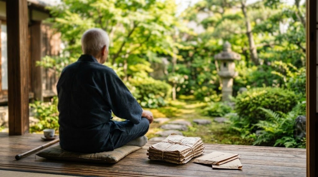 縁側に座る年配の人の後ろ姿と傍らに束ねた古い書類