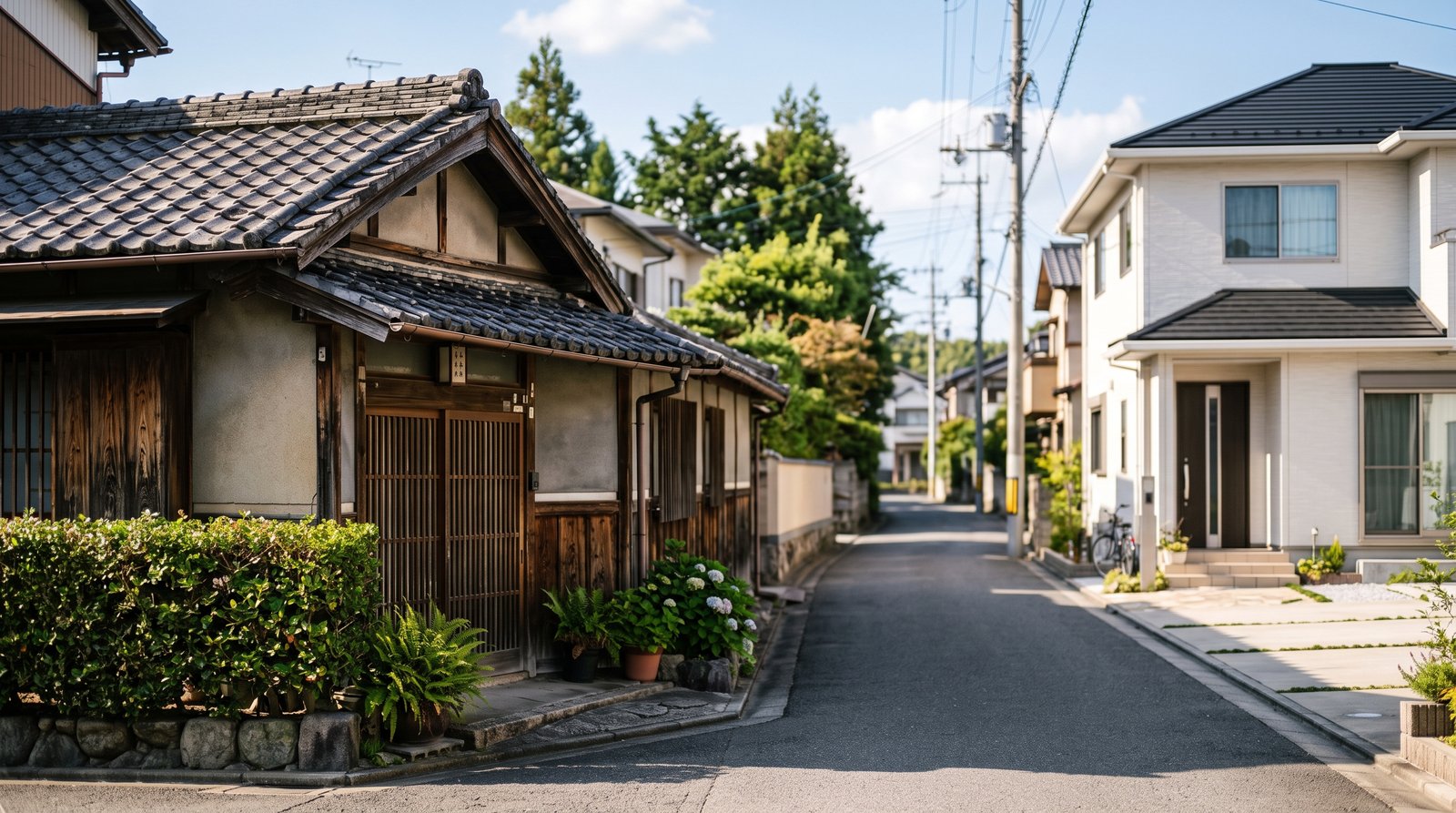 昼下がりの住宅地の細い道。左手前に瓦屋根の木造家屋と生垣、右手に白い外壁の新しい二階建て住宅が向かい合い、道は奥へ緩やかに伸びる