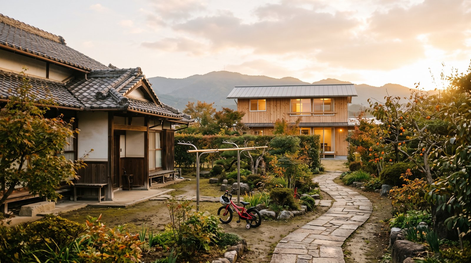 夕日に照らされた奈良の郊外の敷地。手前に古い瓦屋根の平屋、奥に新しい木造二階建て住宅が建ち、間の庭に踏み石の小道と物干し竿、子ども用の赤い自転車が置かれている