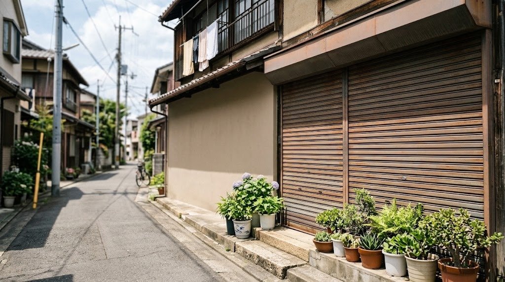 シャッターを閉じた古い自宅兼店舗の前面と、軒下に並ぶ植木鉢