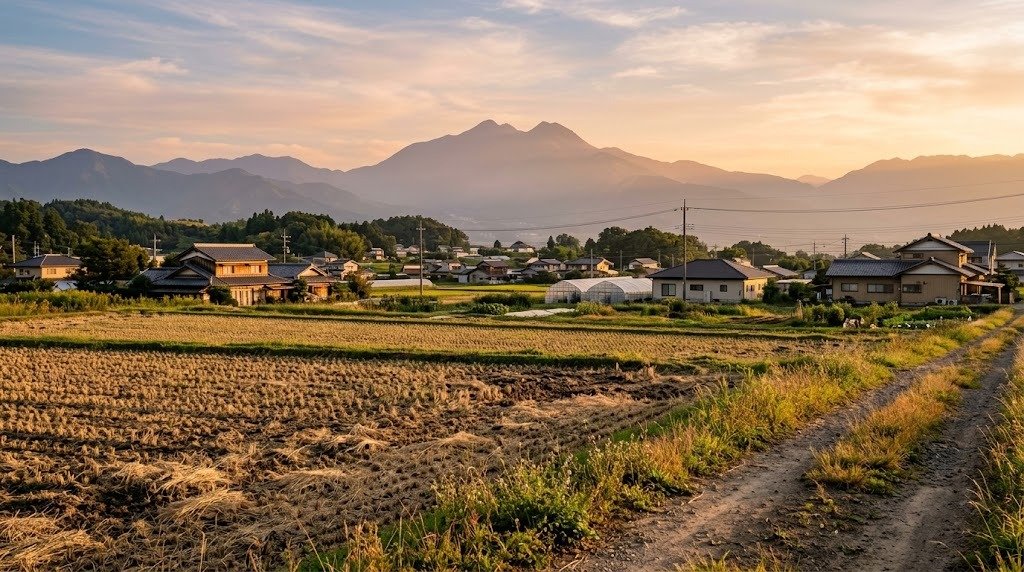夕日に染まる盆地で、刈り取り後の田と住宅地が入り混じる風景