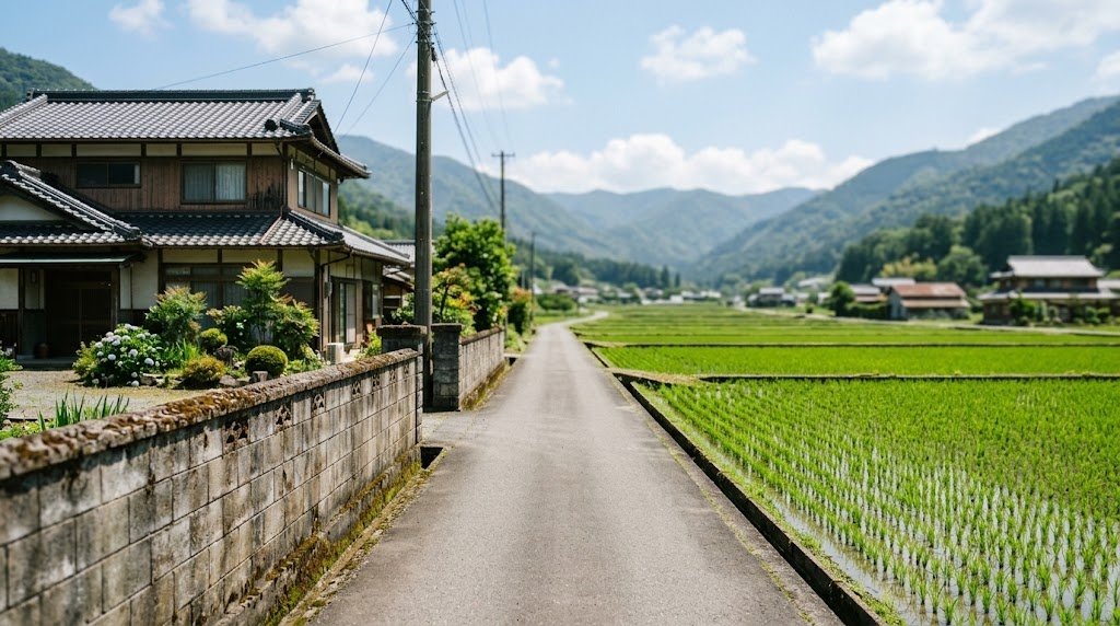 初夏の晴れた昼、瓦屋根の民家とブロック塀が続く細い舗装道路の右手に、青々とした水田が奥の山並みまで広がる