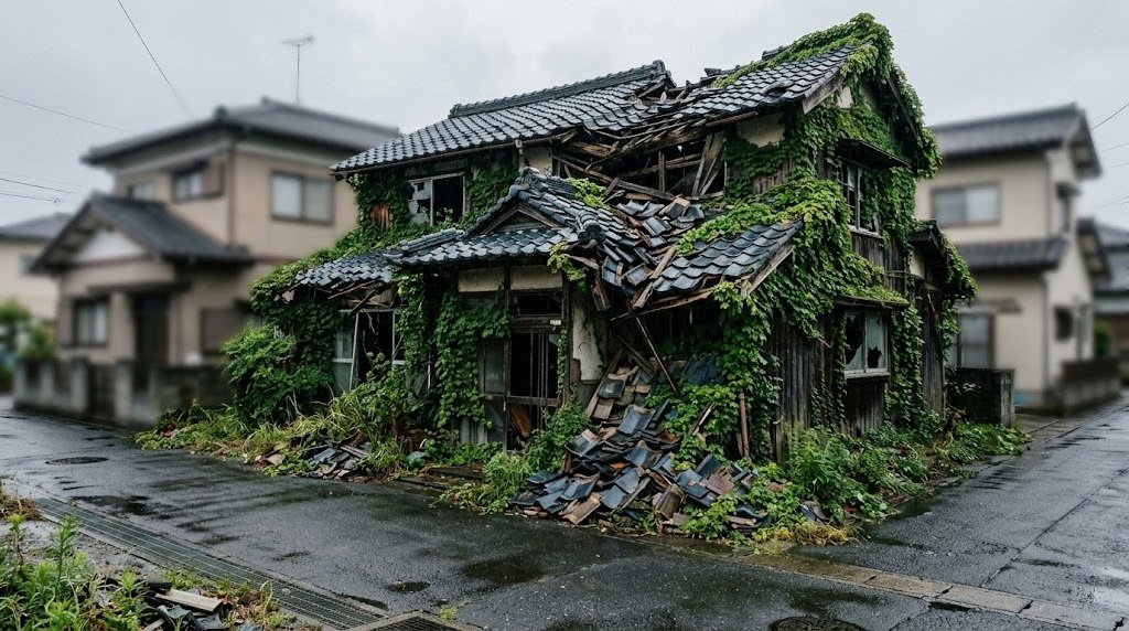 屋根瓦が崩れ蔦に覆われた空き家と、雨上がりの濡れた道路