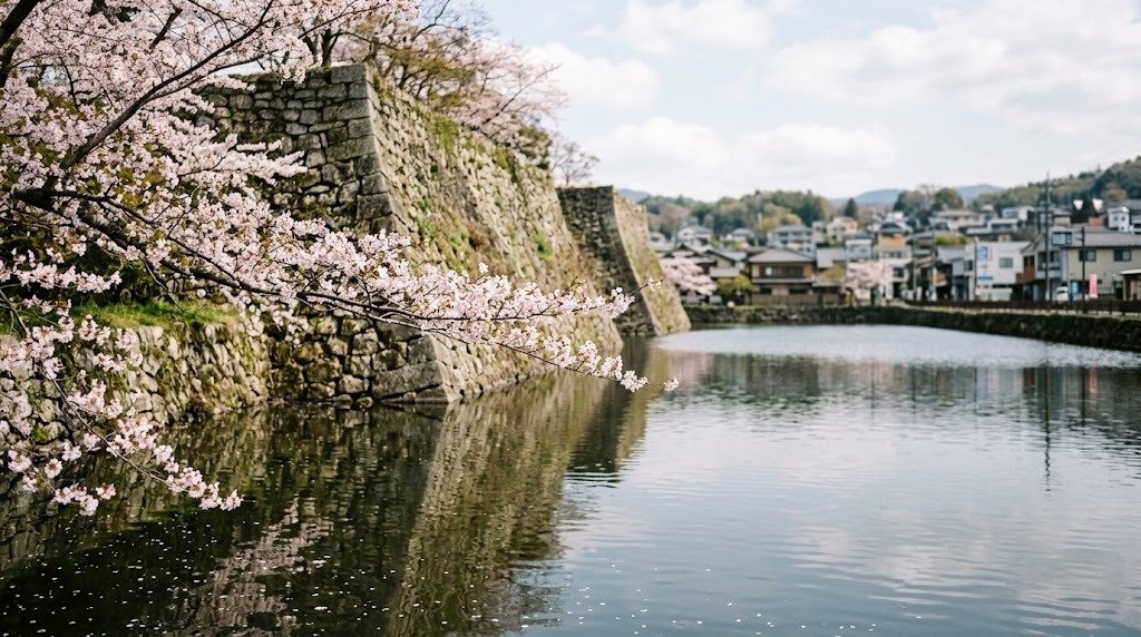 桜の枝越しに見る城跡の石垣と、水面に石積みが映る堀