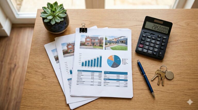 不動産鑑定評価の書類・電卓・鍵がデスクに並ぶ俯瞰写真