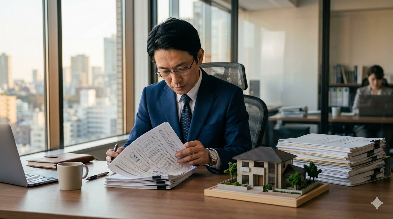 不動産鑑定士がオフィスで書類を確認している様子