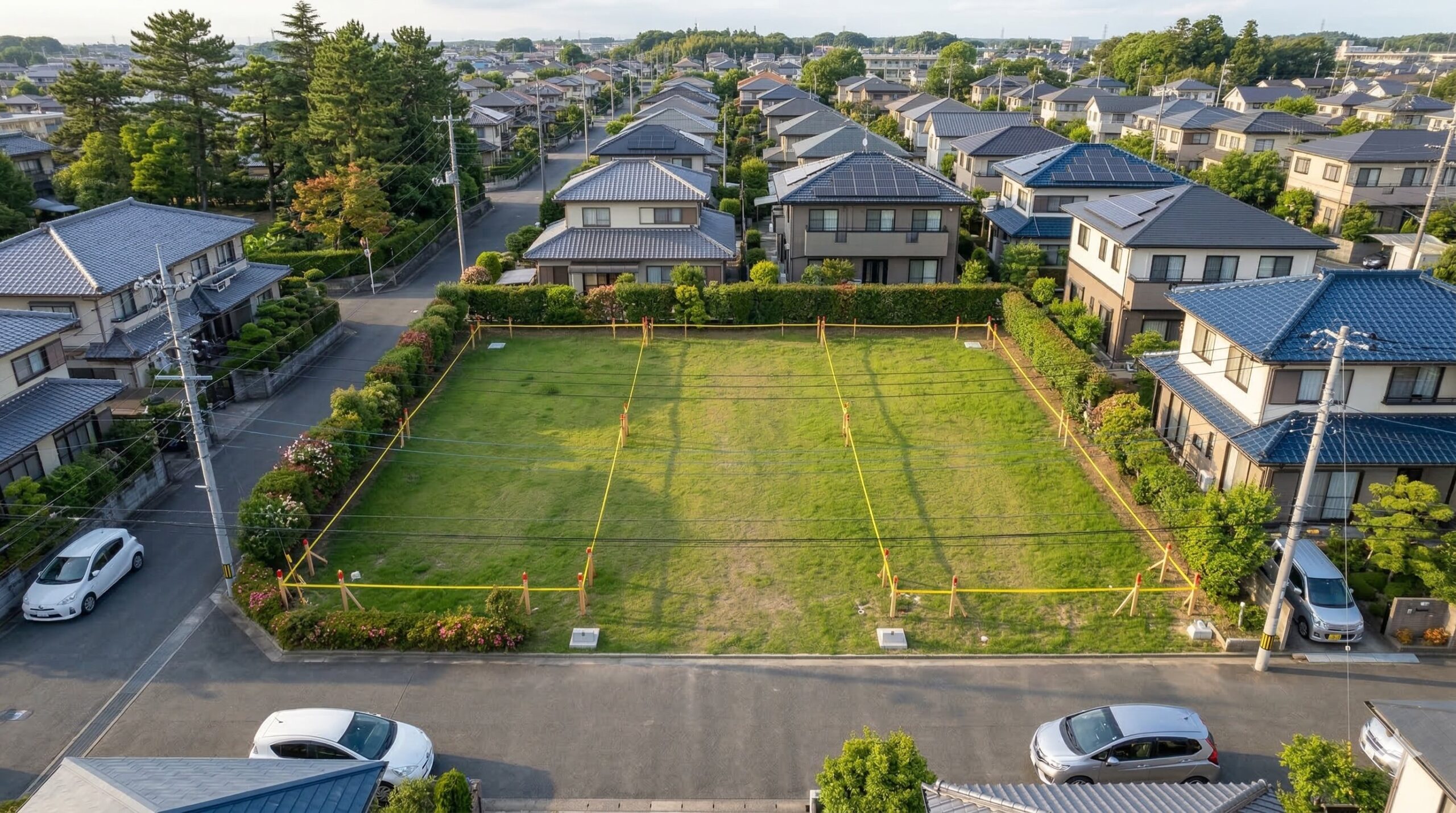 住宅地の航空写真、測量境界線で3区画に分割された土地