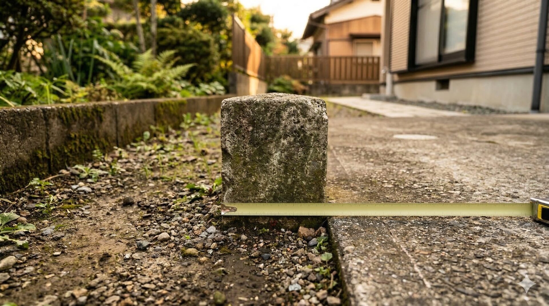 日本の住宅地における境界杭のクローズアップ写真。コンクリート製の境界標とメジャーが写っている。