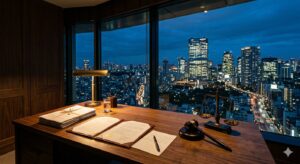 タワーマンションと法律文書が並ぶ東京の夜景