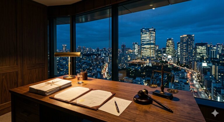 タワーマンションと法律文書が並ぶ東京の夜景