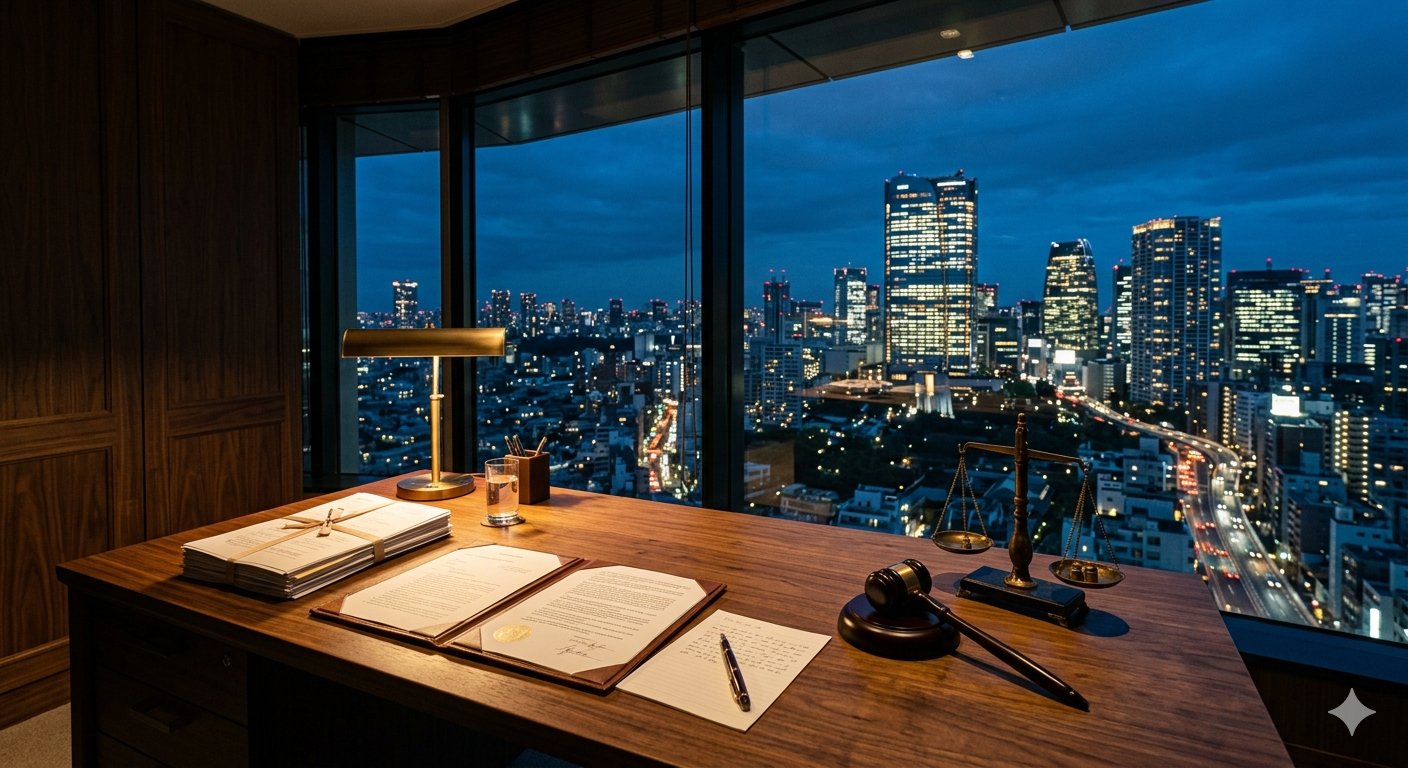 タワーマンションと法律文書が並ぶ東京の夜景