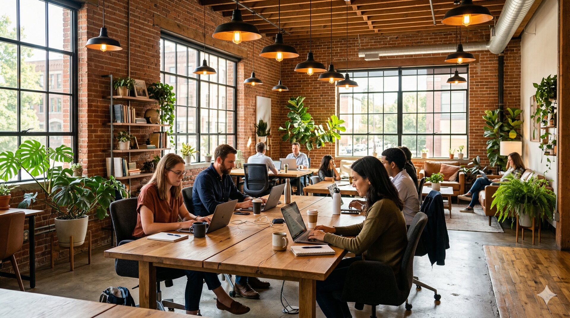 モダンなコワーキングスペースの内観。暖かい照明の下、木製デスクでラップトップに向かう利用者たち