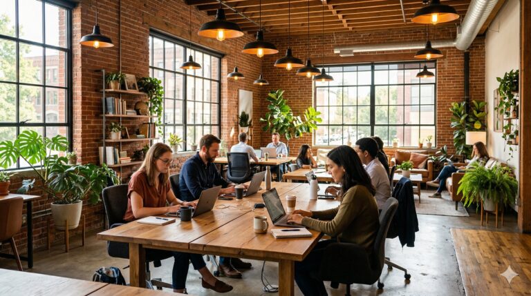 モダンなコワーキングスペースの内観。暖かい照明の下、木製デスクでラップトップに向かう利用者たち