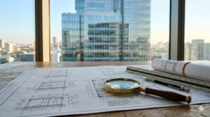 エンジニアリングレポートの読み方 - 建築図面とルーペのイメージ