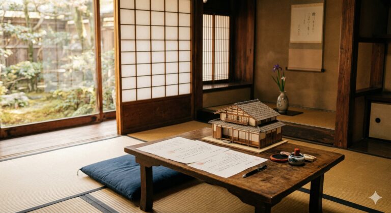 和室に置かれた書類と家の模型