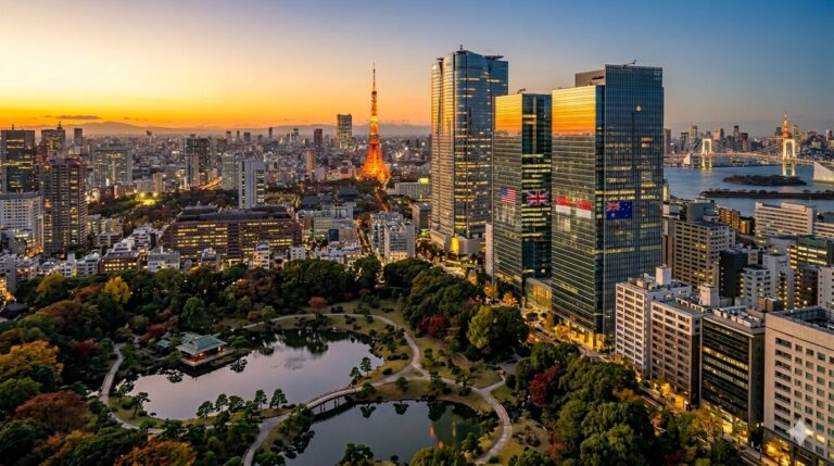 東京のゴールデンアワーの都市景観 - 高層ビル群と日本庭園が海外投資家から見た日本の不動産市場を象徴